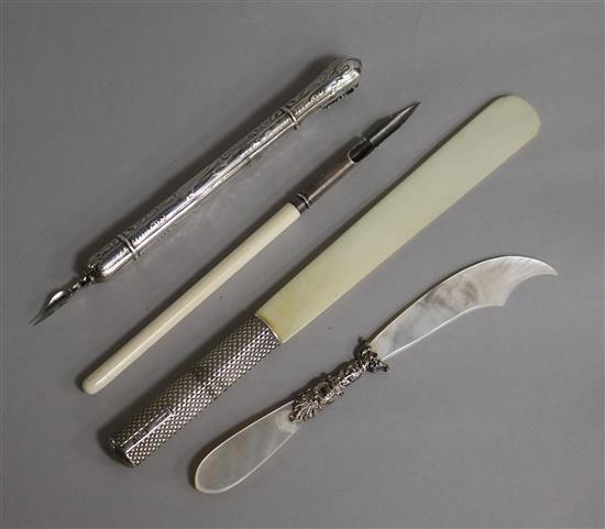 A late Victorian silver mounted Sampson Mordan & Co letter opener, a mother of pearl paperknife and two dip pens